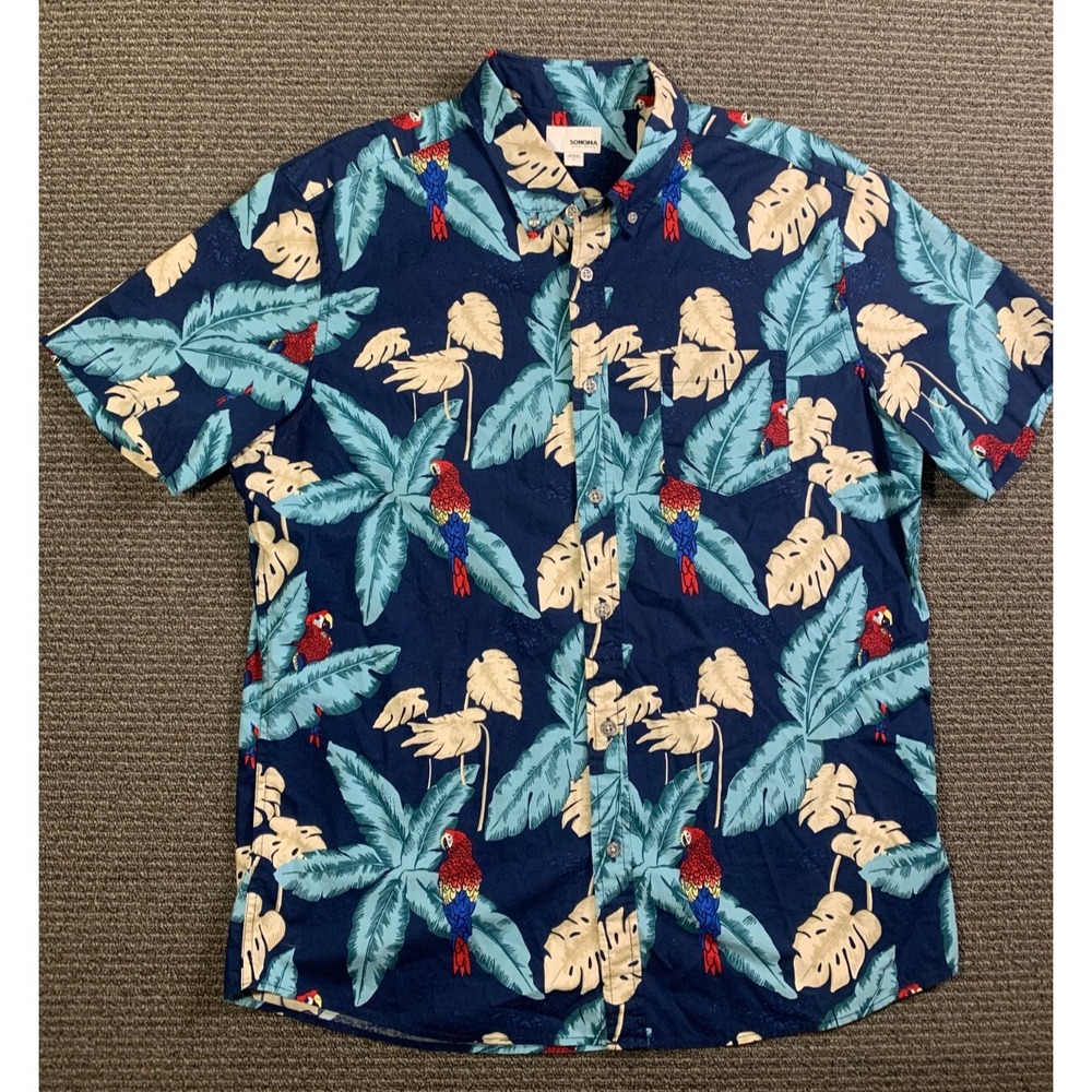 Sonoma Button Down Shirt Mens Large Multi Palm Leaf Parrot Hawaiian Aloha Navy